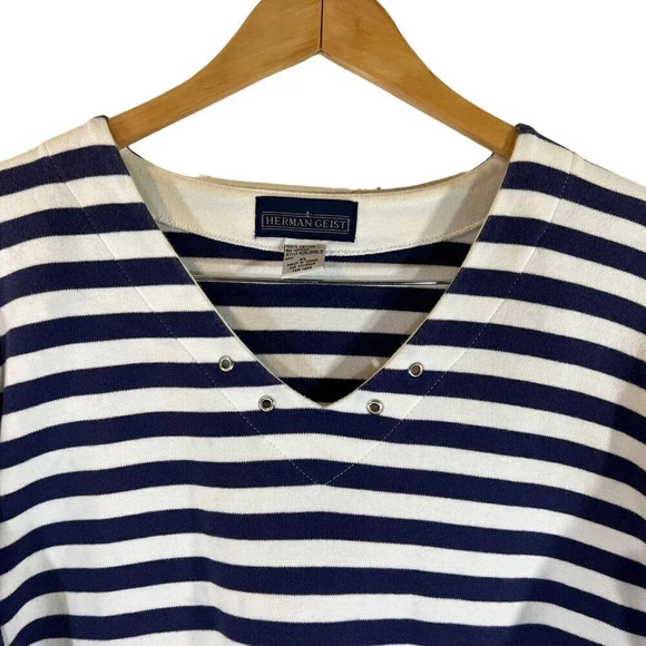 Herman Geist Blue and White Striped V Neck Top XL Knit 100% Cotton 3/4 Sleeves - Picture 3 of 5